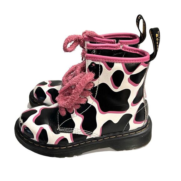 Dr. Martens Kid's Collection 1460 Boots Rare 12 White Cow Print Pink Zipper Tied - Picture 1 of 12